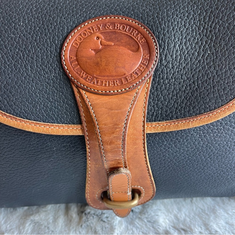 Dooney & Bourke Vintage Blue Pebbled Leather with Brown Trim Flap Shoulder Bag - Picture 13 of 16